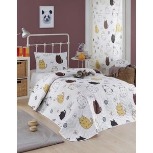 Set cuvertura matlasata Single 160x220 cm, 2 piese, L'essentiel Maison, Hello Cats, 65% bumbac/35% poliester , Alb / Maro / Gri imagine