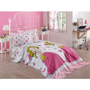 Set cuvertura pique Single, L'essentiel Maison, Beatiful Girl, Bumbac, White / Pink / Yellow / Fuchsia / Green imagine