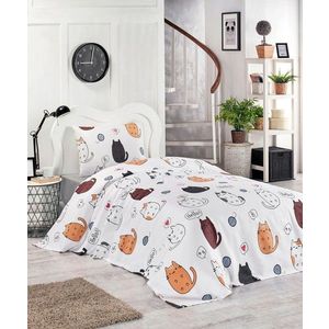 Set cuvertura pique Single, L'essentiel Maison, Hello Cats, Bumbac, White / Black / Orange / Blue / Pink imagine
