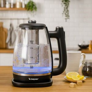 Fierbator 2 in 1 pentru apa si ceai Beper, 1.8 L, 22.5x17x25.5 cm, 2200 W, sticla/plastic/inox, negru/transparent imagine