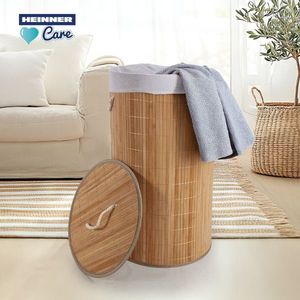 Cos pentru rufe rotund Heinner Care, 35x60 cm, 55 L, bambus/textil, natur/alb imagine
