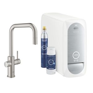 Baterie bucatarie Grohe Blue Home Duo cu dus extractibil pipa U sistem filtrare racire si carbonatare starter kit supersteel imagine