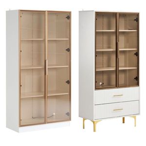 Set de Vitrine Moderne cu Iluminare LED și Rafturi Reglabile, potrivite pentru living, birou, din Sticlă, 80x40x160 cm + 70x35x150 cm, Alb imagine