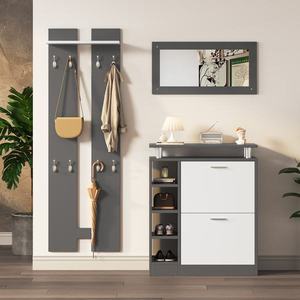 Cuier de perete pentru hol cu oglindă, Gri+Alb | Aosom Romania imagine