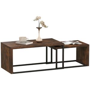 HOMCOM Set de Mese de Cafea 2 bucăți, Masă de Cafea, Masă Laterală, MDF, Metal, 90 x 48 x 42 cm / 59 x 42 x 36 cm, Negru+Maro | Aosom Romania imagine