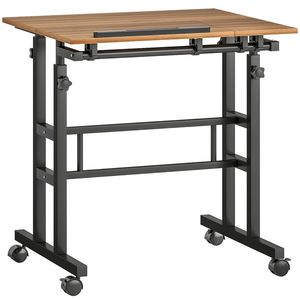 HOMCOM Birou stat jos/în picioare birou reglabil pe înălțime 70 x 60 cm pe roți cu blat înclinat cadru metalic maro | Aosom Romania imagine