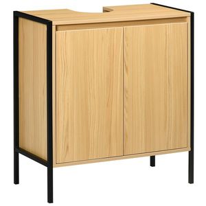 kleankin Mobilier sub chiuvetă de baie dulap sub vas dublu - 60 x 30 x 62, 5 cm - Negru și Culoare Lemn | Aosom Romania imagine
