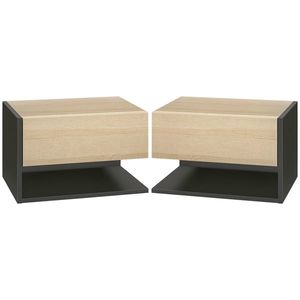 HOMCOM Set de 2 Noptiere suspendate - Set de 2 Noptiere - sertar Culisant, etajera, Bicolore Aspect stejar Negru | Aosom Romania imagine