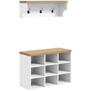 HOMCOM Set mobilier pentru hol 2-în-1 cuier de perete băncuță pentru încălțăminte 3 cârlige și 9 nișe 75x30x50cm alb și stejar | Aosom Romania imagine