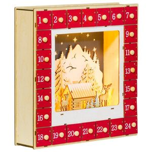 HOMCOM Calendar de Advent cu LED, decorațiuni de Crăciun din lemn, 24 sertare de umplut, decorațiune luminoasă, roșu | Aosom Romania imagine