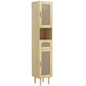 HOMCOM Mobilier baie coloană de depozitare pentru baie cu uși din ratan sertar 2 dulapuri 32 x 30 x 170 cm stejar | Aosom Romania imagine