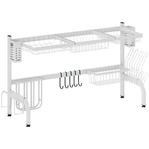 HOMCOM Scurgător din oțel cu 2 niveluri pentru chiuvetă, cu suport pentru tocător și tacâmuri, 100x30x54, 5cm, alb | Aosom Romania imagine