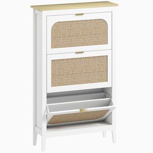 HOMCOM Dulap pentru încălțăminte 21 perechi boem cu 3 sertare rabatabile, uși cu efect cannage ratan, 80 x 24 x 131 cm, alb | Aosom Romania imagine