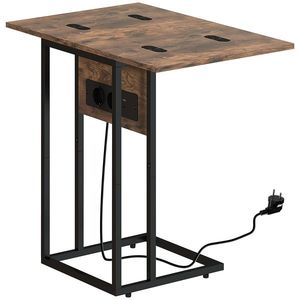 HOMCOM Măsuță de cafea în formă de C, extensibilă, cu 2 stații de încărcare, lemn și metal, 39x29x57 cm, negru și maro | Aosom Romania imagine