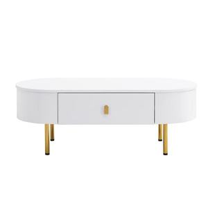 Masă de cafea cu 2 sertare, colțuri rotunjite, mânere și picioare aurii, 108x50x40 cm, Alb imagine