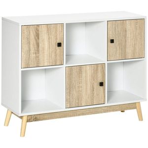 HOMCOM Bufet living, mobilier de depozitare 9 cuburi cu 3 uși și 3 compartimente deschise, picioare din lemn de pin, stil modern, bufet pentru sala de mese, bucătărie și living, 96 x 30 x 75 cm, alb, natural | Aosom Romania imagine