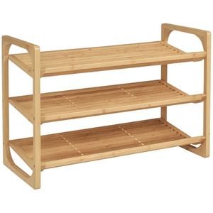 HOMCOM Suport pentru pantofi cu 3 niveluri, organizator de depozitare pantofi din bambus cu rafturi cu sipci, suport pentru pantofi ce poate sustine pana la 9 perechi de pantofi pentru intrare | Aosom Romania imagine