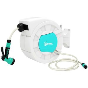 Outsunny Tambur furtun pentru udare suport furtun de apă 25+2 m suport de perete + mâner pivotant la 180° 55 x 20 x 42 cm gri deschis | Aosom Romania imagine