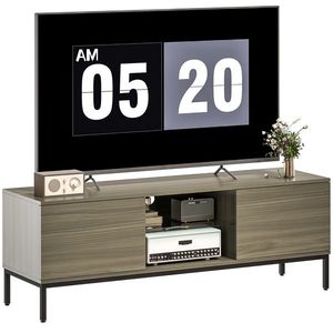 HOMCOM Meuble TV meuble télé pentru televizoare de până la 60 de inch cu 2 uși și raft din sticlă ajustabil 140x40x49, 5cm gri | Aosom Romania imagine