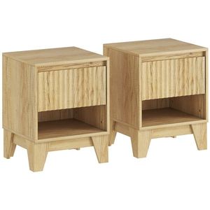 HOMCOM Set de 2 noptiere înguste, măsuță auxiliară compartiment deschis 1 sertar, panouri canelate 43x40x55cm natural | Aosom Romania imagine