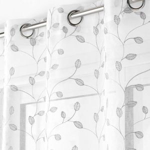 Perdea voal cu broderie de frunze, cu ochiuri la capăt imagine