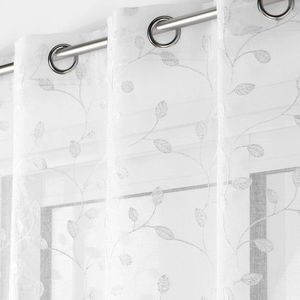 Perdea voal cu broderie de frunze, cu ochiuri la capăt imagine