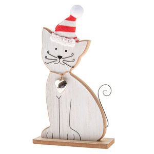 Pisică din lemn cu clopoțel și căciulă tricotată, 29 cm, alb imagine