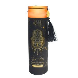Arome Lumânare organică Patchouli&Orange 300 gîntr-un pahar înalt colorat cu panglică, portocaliu imagine