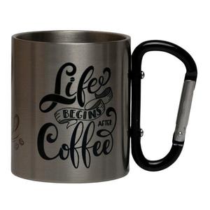 Cana cu carabiniera Life Begins After Coffee, 150 ml, negru, metal, pentru calatorii si drumetii imagine