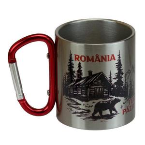 Cana cu carabiniera Romania Bear, 150 ml, negru maner rosu, metal, pentru calatorii si drumetii imagine