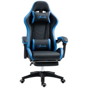 Scaun de gaming din piele ecologica PU si otel cu inaltime reglabila si spatar inclinabil, 65x65x121-129 cm, albastru si negru | Aosom Romania imagine