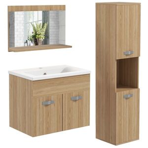 kleankin Set de mobilier de baie oglindă coloană + dulap sub chiuvetă suspendat cu bol, dulap coloană natural | Aosom Romania imagine