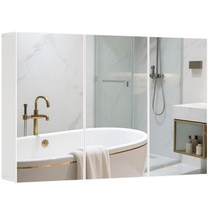 HOMCOM Dulap cu oglindă pentru baie, Badschrank cu 3 uși cu oglindă, Montaj pe perete, 90 x 15, 5 x 60 cm, Placă de fibră, Alb | Aosom Romania imagine