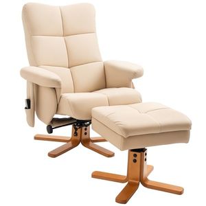 HOMCOM Massagesessel cu Hocker, Scaun de relaxare electric rotativ la 360° cu funcție de întindere și spațiu de depozitare, scaun TV cu buzunar lateral și telecomandă pentru sufragerie, piele ecologică, Crem | Aosom Romania imagine