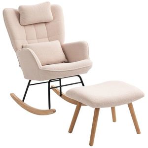 HOMCOM Fotoliu cu leagăn și suport pentru picioare, cu husă moale din fleece, picioare din lemn, pernă, spătar înalt, leagăn, Bej | Aosom Romania imagine
