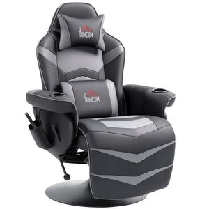 HOMCOM Fotoliu de gaming, funcție de masaj, spătar reglabil, suport pentru picioare, până la 120 kg, cadru din oțel, piele ecologică, Gri | Aosom Romania imagine
