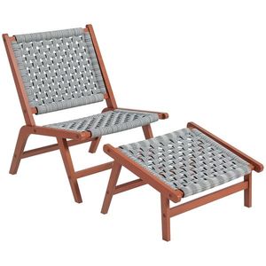 Outsunny Fotoliu de gradina cu suport pentru picioare - fotoliu de relaxare din lemn de acacia si rachita din polipropilena - natural, gri | Aosom Romania imagine
