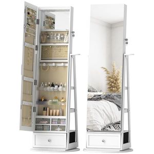 HOMCOM Oglindă-dulap pentru bijuterii cu LED-uri Dulap pentru bijuterii cu oglindă integrală Rotativ 360° Sertar Încuietoare Alb | Aosom Romania imagine