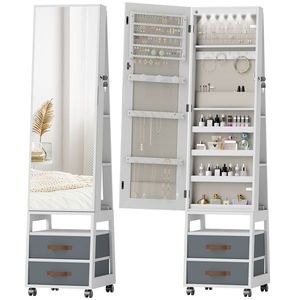 HOMCOM Oglindă Dulap pentru Bijuterii cu LED Interior Roți Pivotant 360° Rafturi Deschise Sertare din Material Textil Alb | Aosom Romania imagine