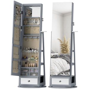 HOMCOM Oglindă portarbijuterii cu lumini LED Dulap portarbijuterii cu oglindă completă Rotativ de 360° Sertar Încuietoare Gri deschis | Aosom Romania imagine