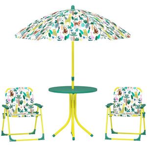 AIYAPLAY Masă de Picnic pentru Copii, Set Masă și Două Scaune Pliabile cu Umbrelă Demontabilă, Tematică Jungle, Mobilier de Exterior pentru Grădină, Terasă, Verde | Aosom Romania imagine