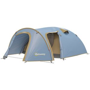 Outsunny Cort de camping pentru 4 persoane, cort tunel impermeabil cu 2 uși, cârlig, geantă de transport 3, 45 x 2, 4 x 1, 3 m albastru deschis | Aosom Romania imagine