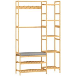 HOMCOM Cuier cu raft pentru pantofi, cârlige pentru haine, suport pentru paltoane, bancă cu pernă, pentru hol, intrare, lemn natural | Aosom Romania imagine