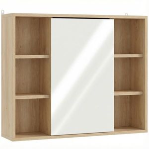 HOMCOM Mobilier de baie cu oglindă, dulap cu ușă și 6 compartimente deschise, 60 x 14, 5 x 49, 4 cm, lemn natural | Aosom Romania imagine
