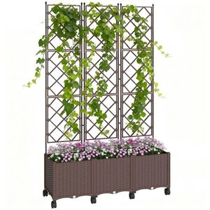 Outsunny Jardinieră Înălțată cu Grilaj 130L, Pat pentru Grădină Înălțat de Exterior cu Roți Blocabile, Sistem de Autoirigare, Găuri de Drenaj pentru Plante Cățărătoare, Legume, Flori, Maro | Aosom Romania imagine