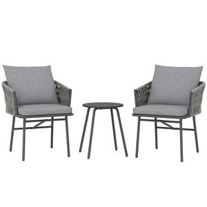 Outsunny Set mobilier exterior 3 piese, 2 scaune, 1 masă, set bistro, rattan sintetic, cadru din oțel, masă metalică, 4 perne, gri | Aosom Romania imagine