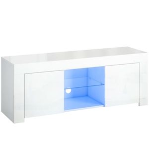 HOMCOM Dulap TV cu iluminare LED, 2 uși, raft din sticlă, orificii pentru cabluri, pentru living, placă aglomerată, Alb | Aosom Romania imagine