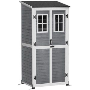Outsunny Magazie pentru depozitare în grădină, magazie pentru unelte cu 2 ferestre, țăruși pentru ancorare, acoperiș din asfalt, 91 x 69 x 192 cm, lemn de brad, Gri deschis | Aosom Romania imagine