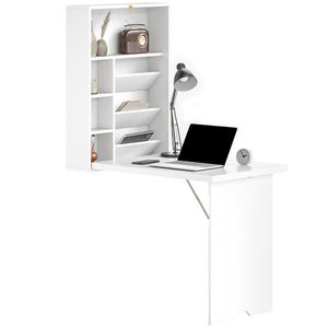 HOMCOM Birou pliabil de perete, masă de perete pliabilă cu rafturi pentru living, sufragerie, birou, 93, 8 x 60 x 147 cm, alb | Aosom Romania imagine