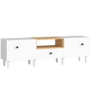 HOMCOM Mobilier TV, Suport TV până la 70" cu 2 Uși Rabatabile, Balamale Soft Close, Sertar, Raft Deschis, 8 Picioare pentru Sufragerie, Dormitor, 150x35x45 cm, Alb și Culoare Lemn | Aosom Romania imagine